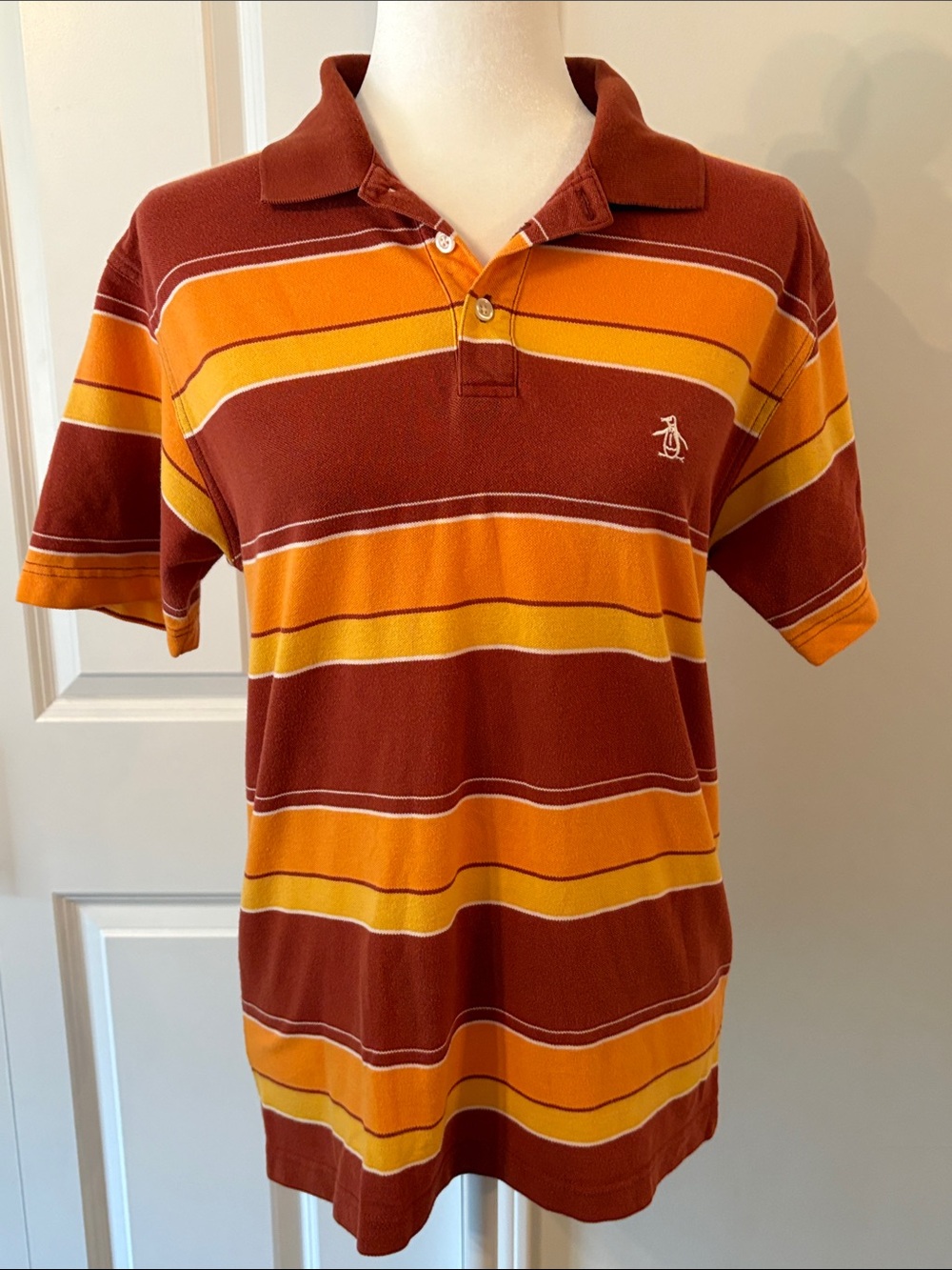 Original Penguin Polo Short-Sleeve Collared Stripe Polo in Rust and Mustard